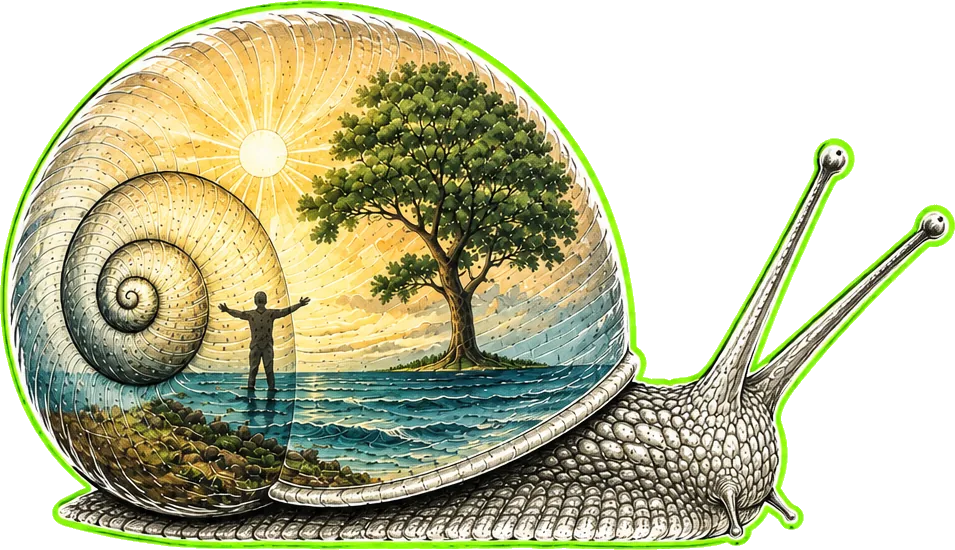 Una lumaca illustrata racchiude nel guscio un albero, il mare, il sole e una figura a braccia aperte